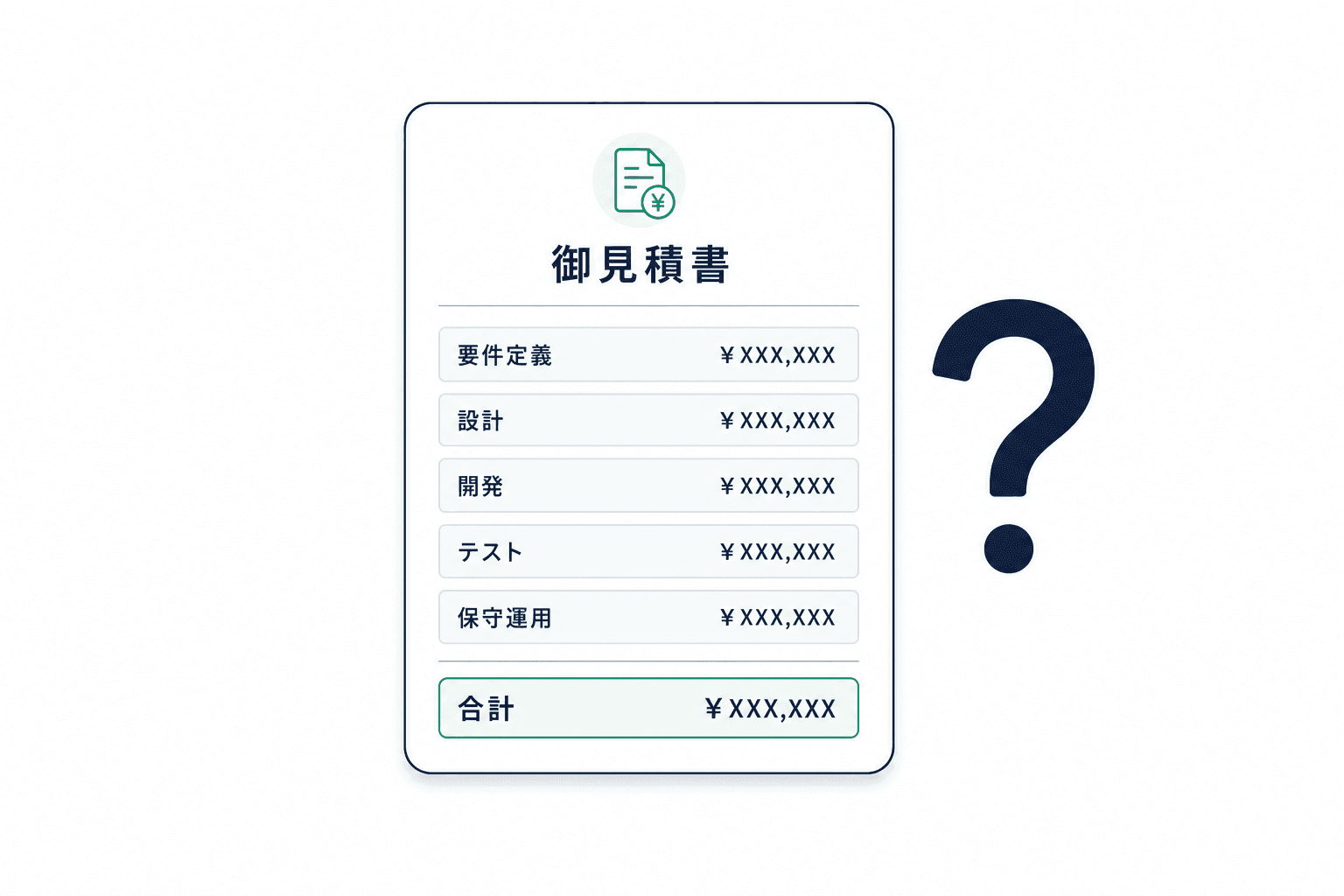 内訳が伏せられた見積書と、金額に疑問を持っている様子のイラスト